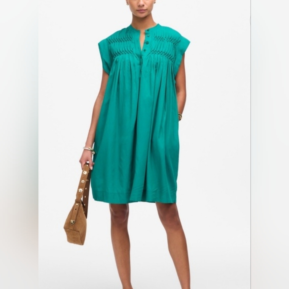 NWT $138 Madewell Embroidered Pleated Green Mini Short Sleeve Dress‎ Womens XS